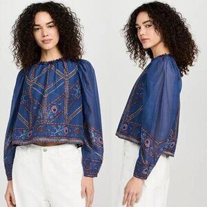 NWT Sea New York Lightweight Non-Stretch Voile Long Sleeves Valeria Top Navy